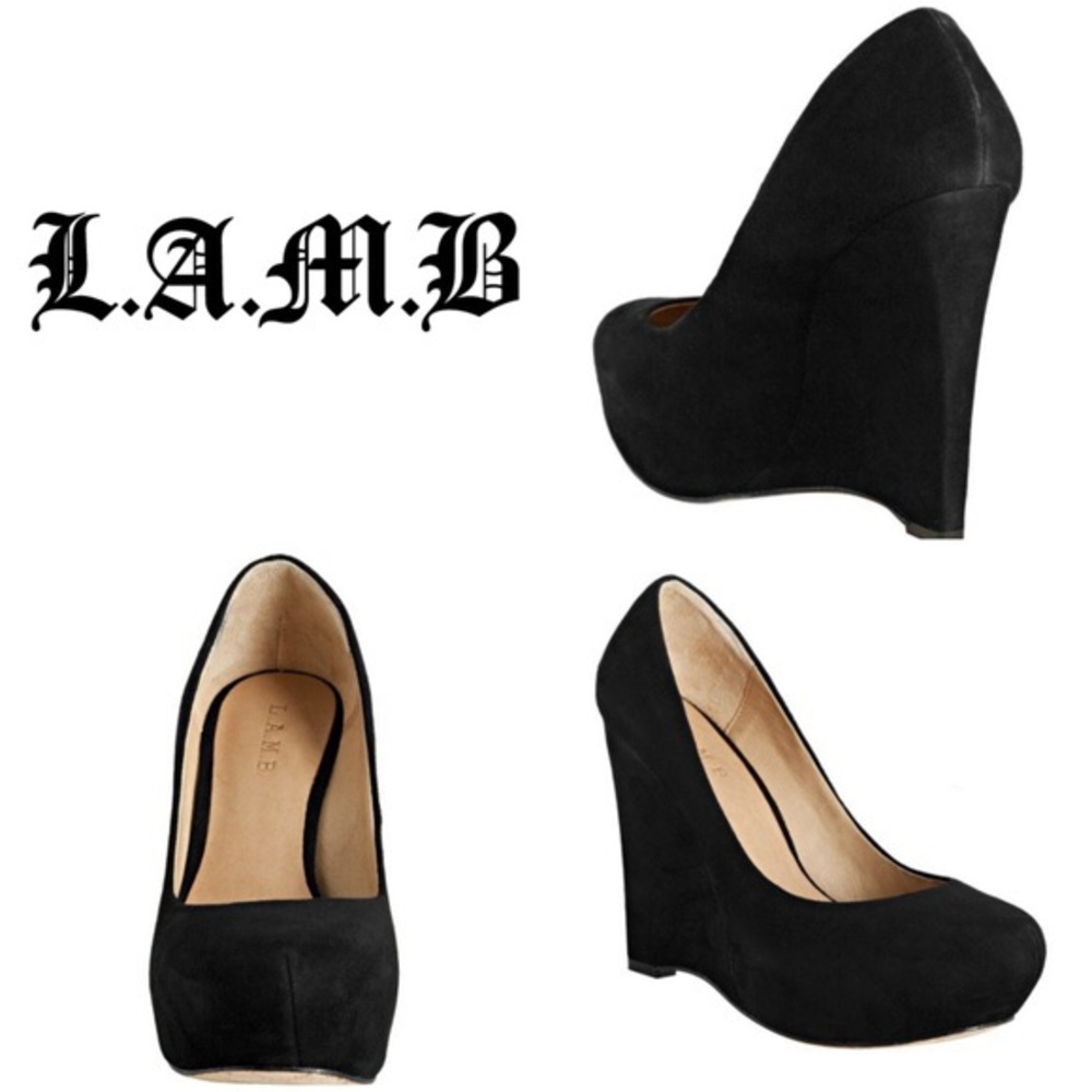 L.A.M.B. Black Suede Wedge Pumps